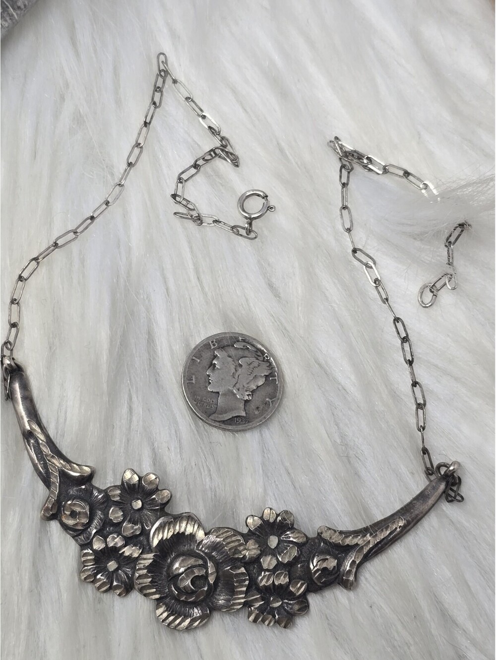 Antique Sterling Silver Floral Rose Necklace 17" Art Nouveau